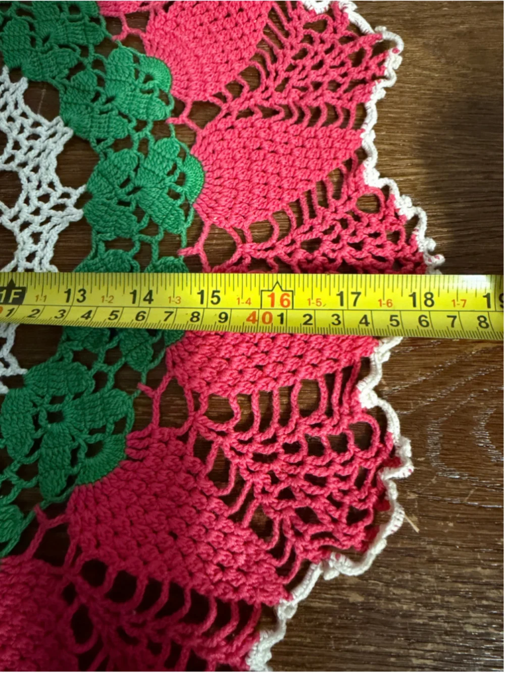 Vintage Handmade Crochet Doily 18” Pink Green White Pineapple Floral Table Toppe